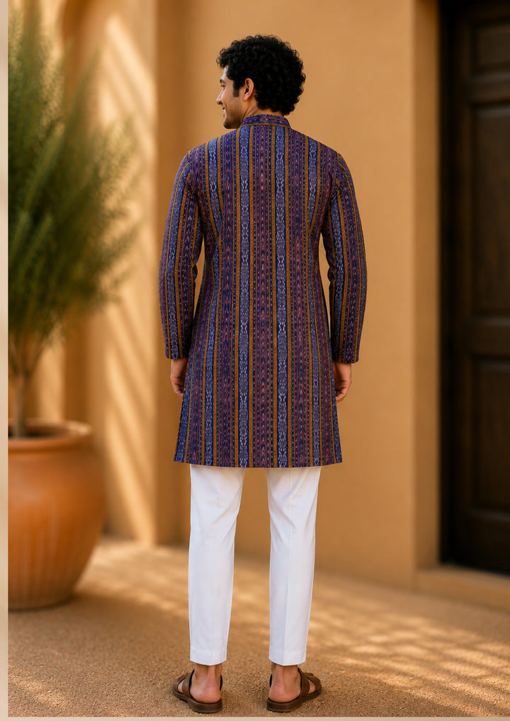 Men’s Long Kurta – Navy Blue with Multicolor Ikat Vertical Stripe