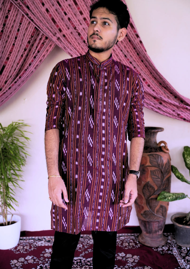 Sambalpuri Men’s Long Kurta – Ikat Diamond Motif, Maroon Base with White & Pink Highlights