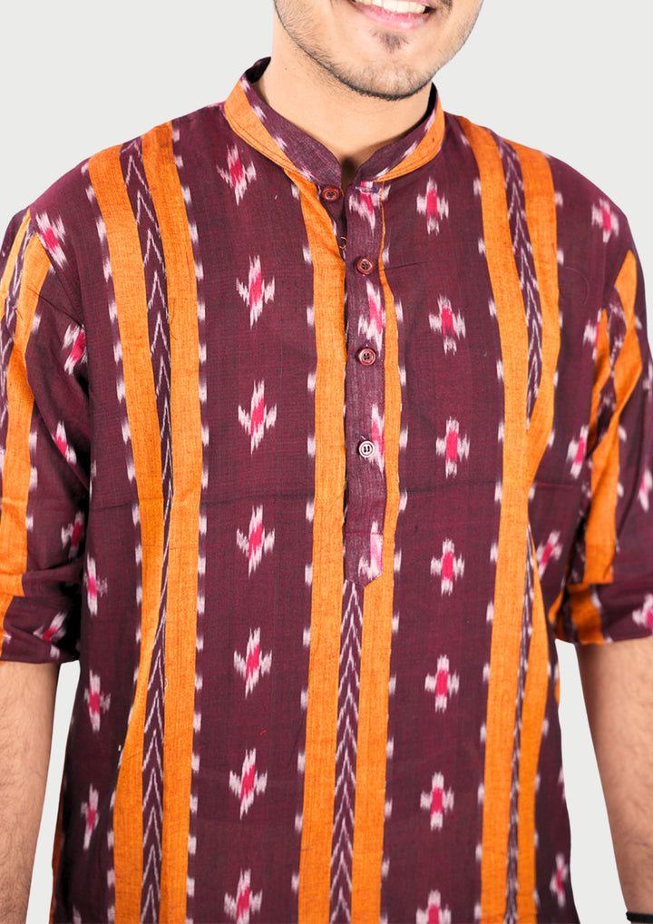 Sambalpuri Men’s Long Kurta – Maroon Base with Mustard Ikat Vertical Stripe Motif