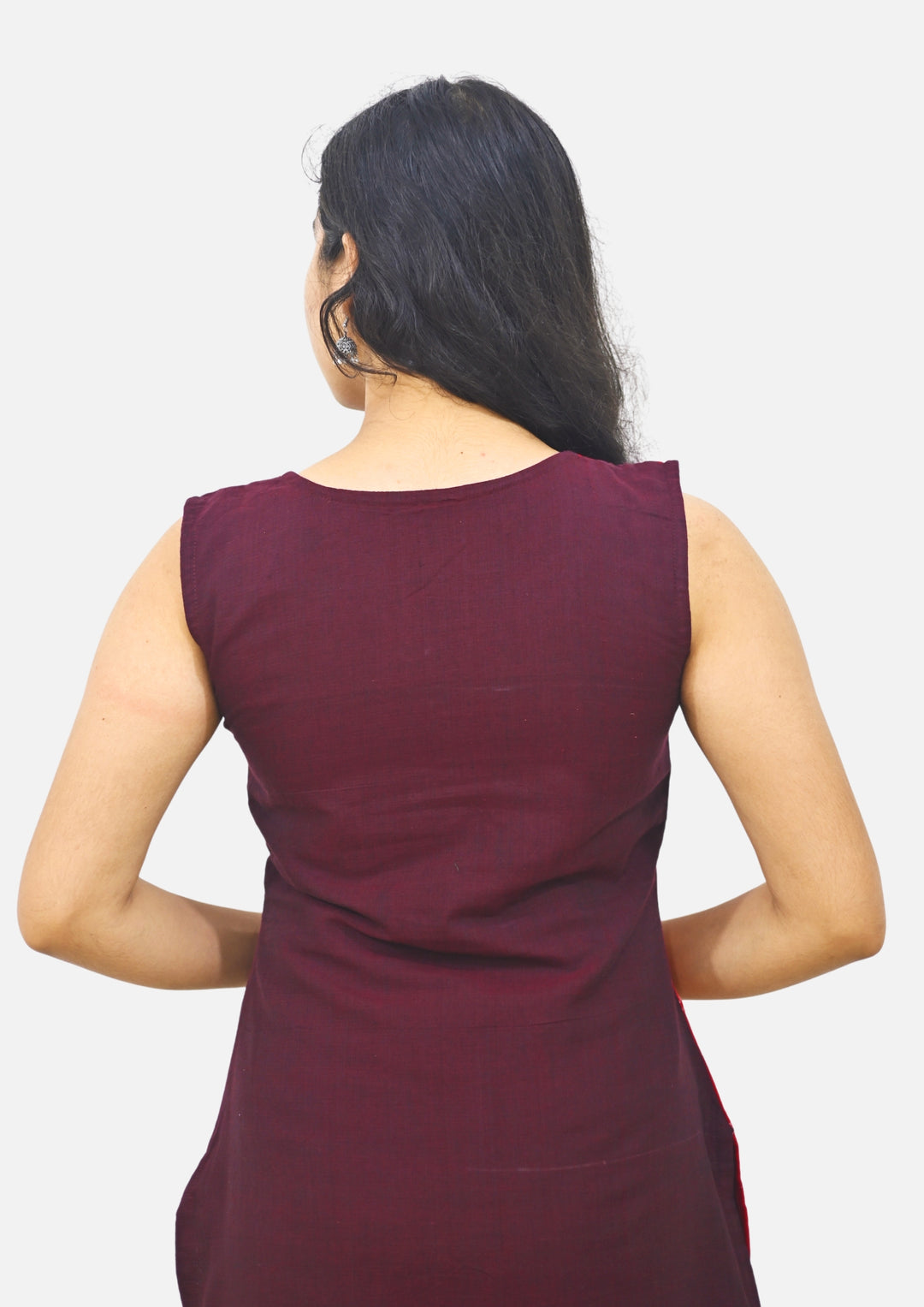 Wovio Modern Dual-Tone Ikat Dress - Red & Maroon Panel Design with Square Motif Pattern