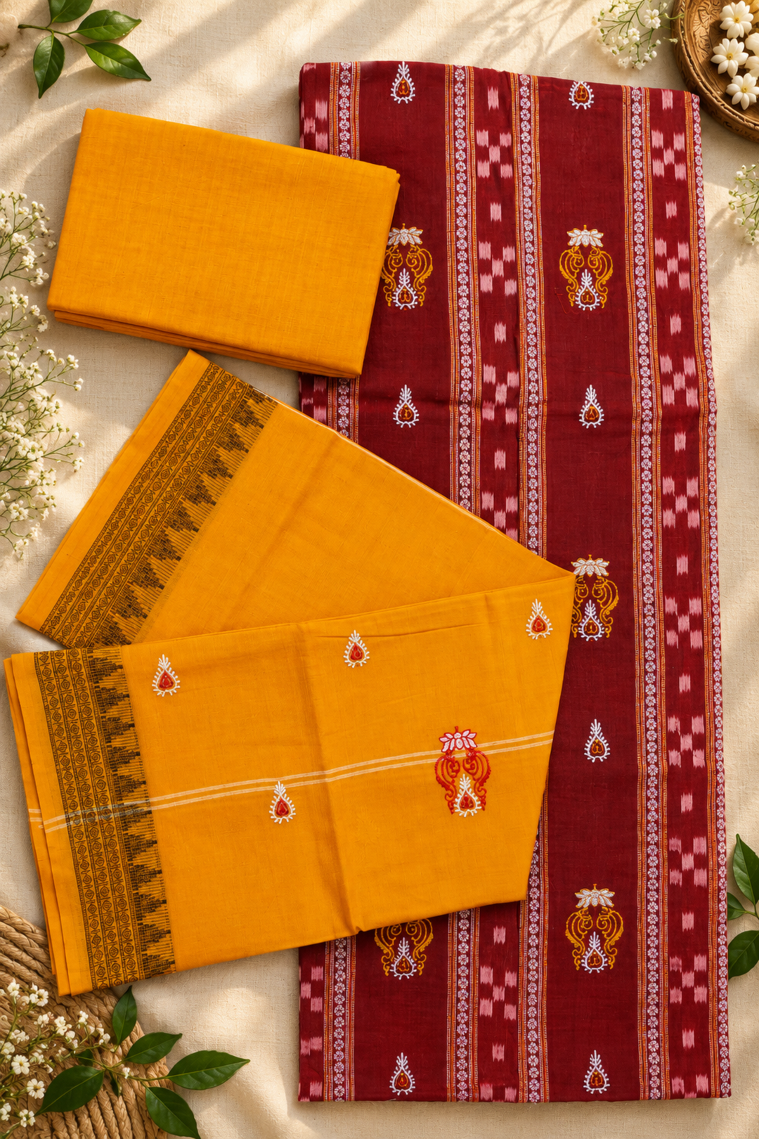 Women's Sambalpuri Orange & Maroon Unstitched Suit Material with Dupatta