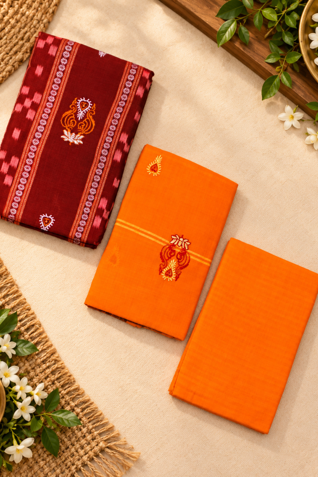 Women's Sambalpuri Orange & Maroon Unstitched Suit Material with Dupatta