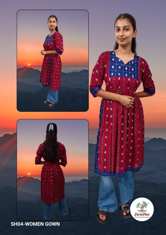 Rudvika – Red & Blue Naira-Cut Frock with Artistic Ikat Detailing