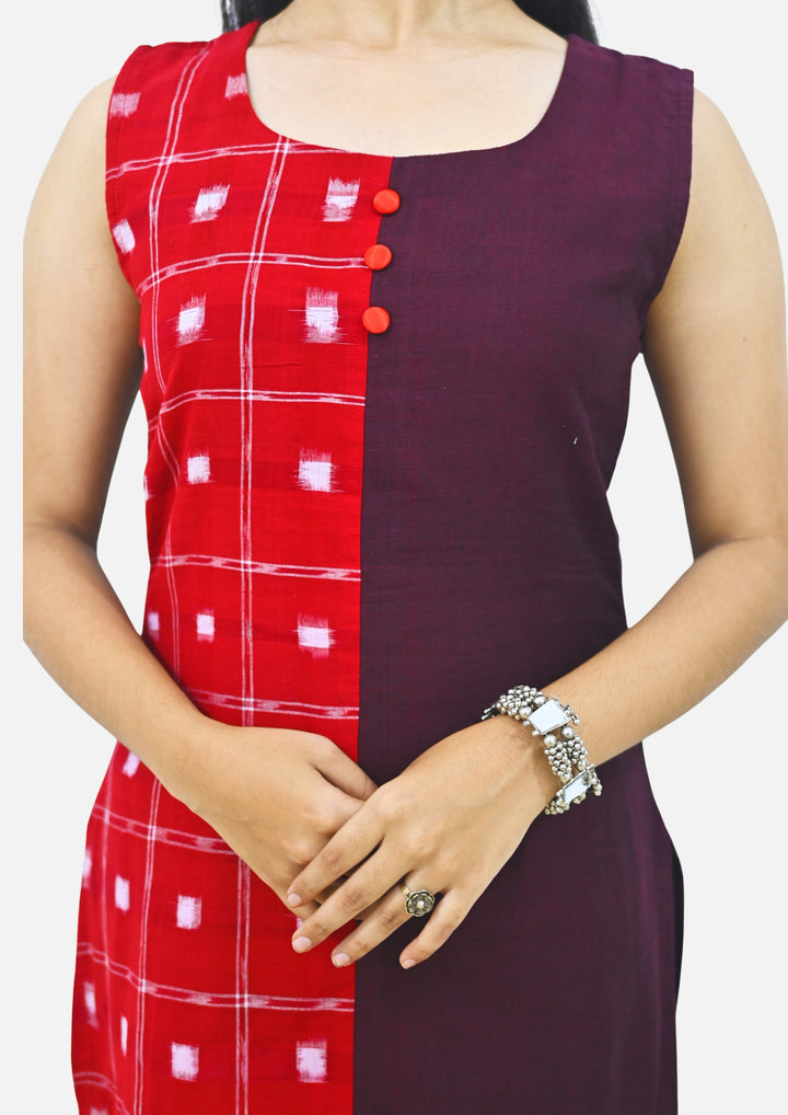 Wovio Modern Dual-Tone Ikat Dress - Red & Maroon Panel Design with Square Motif Pattern