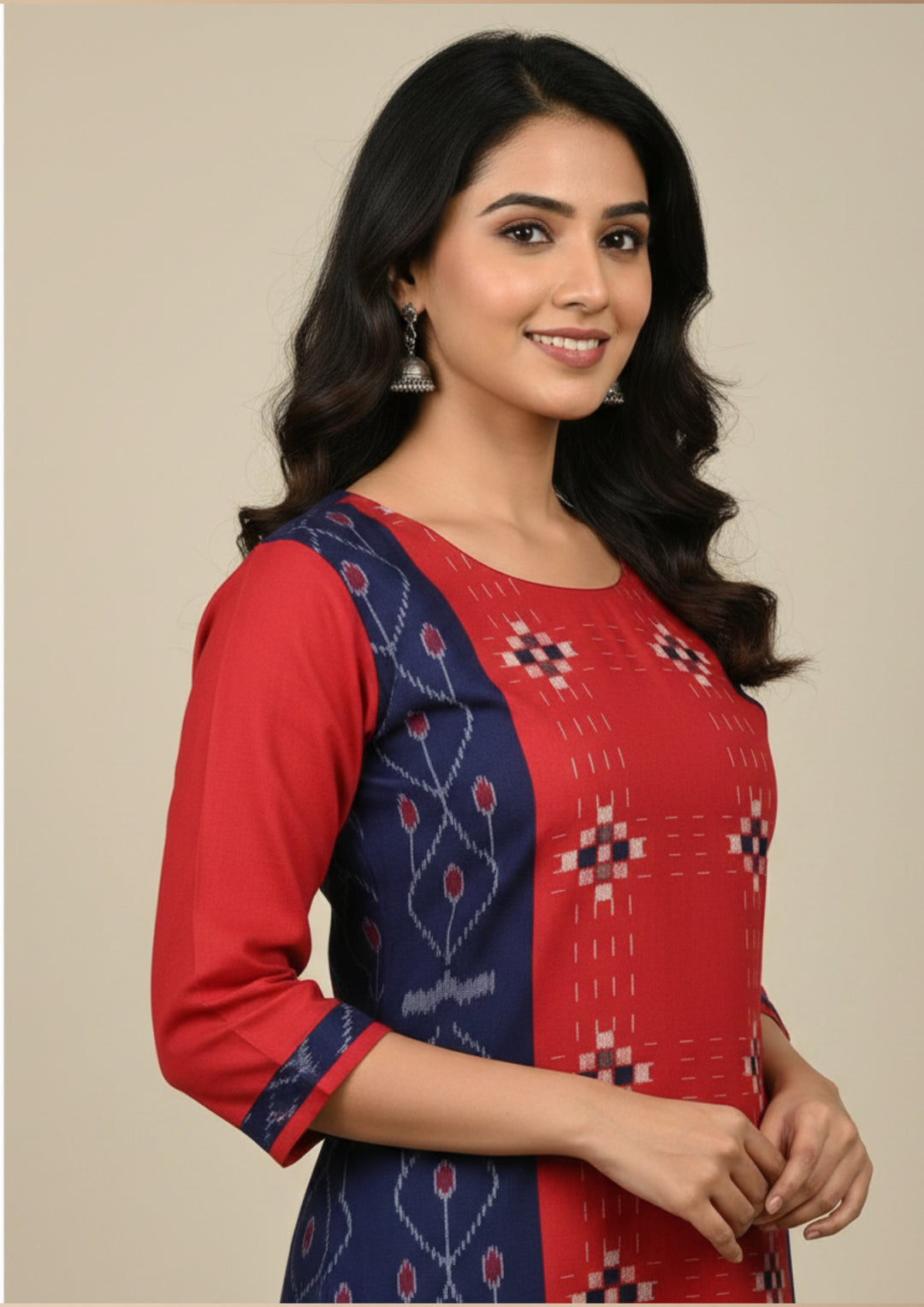 Sambalpuri Women's Kurti - Hand-woven Cotton Straight Kurti in Red & Blue