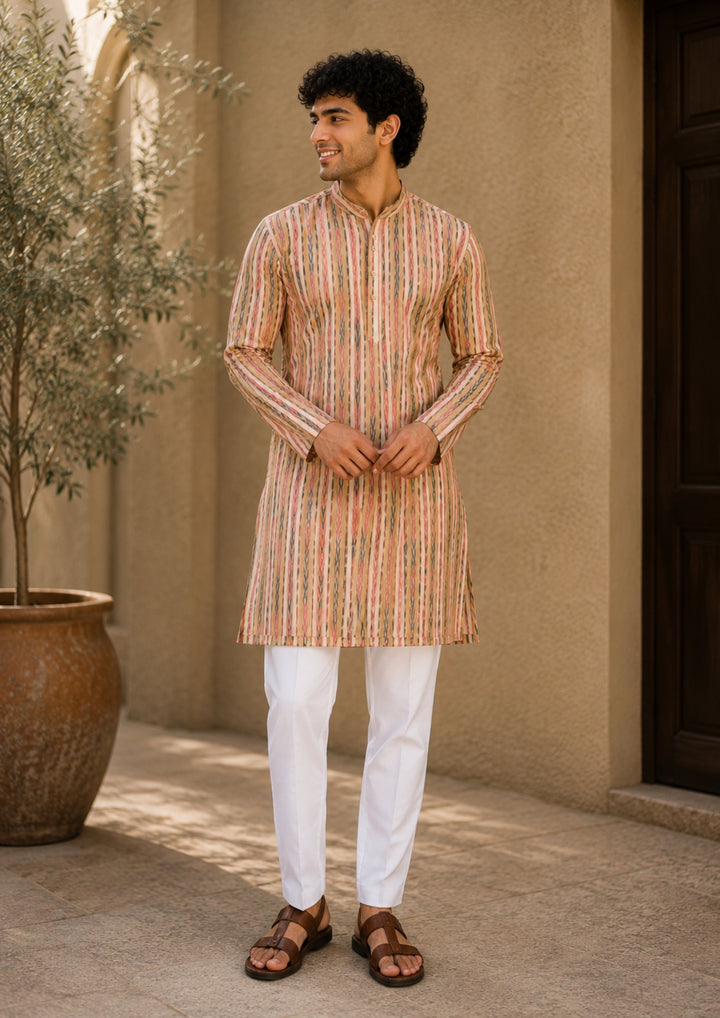 Sambalpuri Men’s Long Kurta – Yellow with Orange & Green Ikat Vertical Stripe