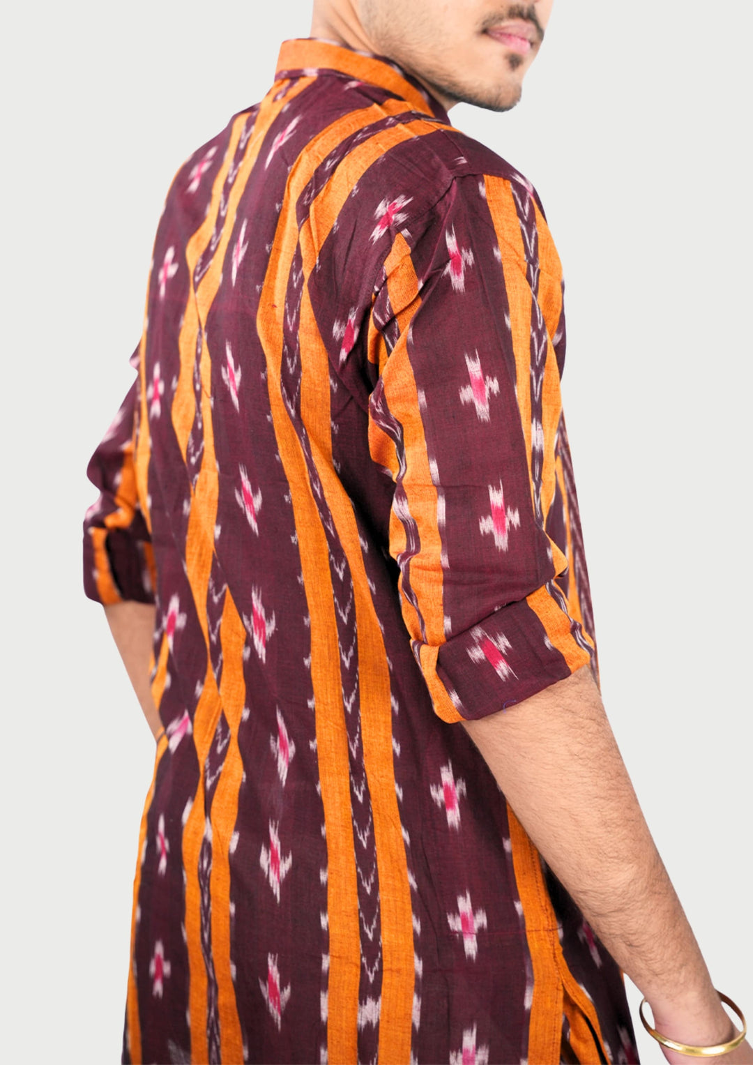 Sambalpuri Men’s Long Kurta – Maroon Base with Mustard Ikat Vertical Stripe Motif