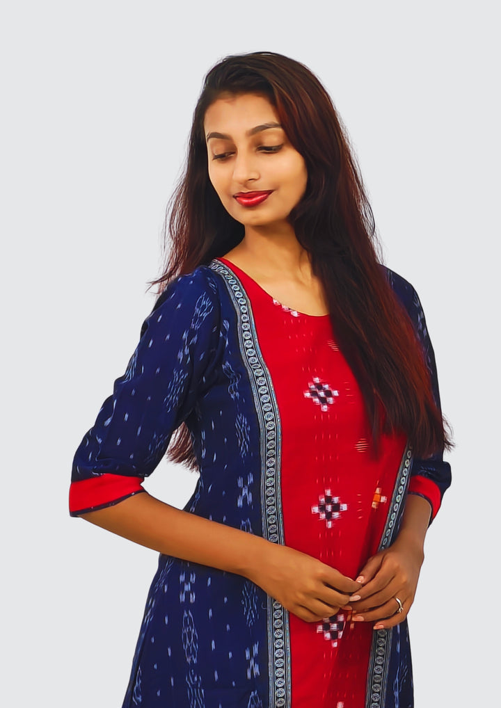 Sambalpuri Women's Gown – Navy Blue with Red and Multicolor Ikat Motif