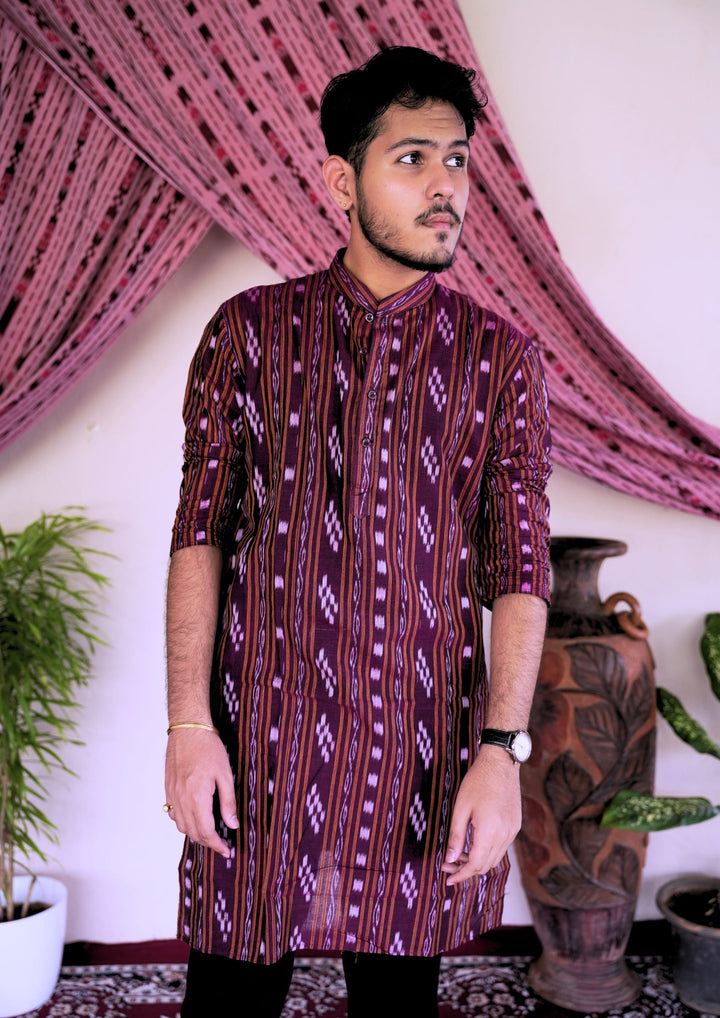 Sambalpuri Men’s Long Kurta – Ikat Diamond Motif, Maroon Base with White & Pink Highlights