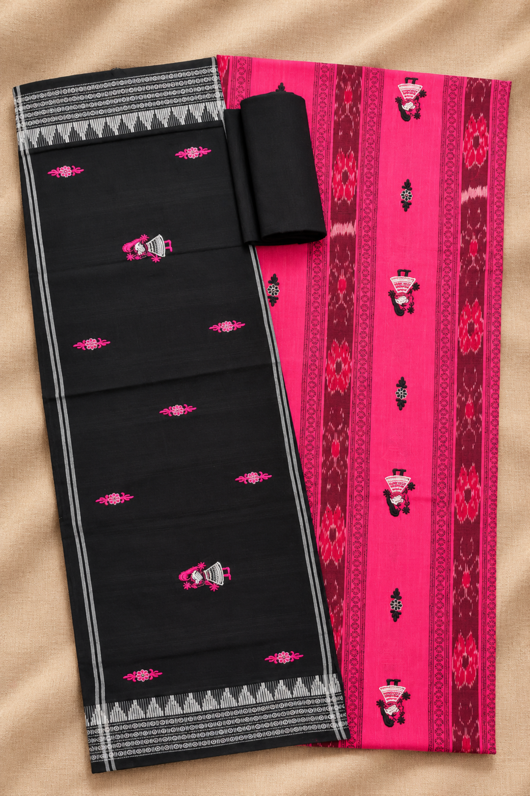 Women's Sambalpuri Pink & Black Unstitched Suit Material with Dupatta