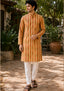 Sambalpuri Men’s Long Kurta – Yellow with Orange & Green Ikat Vertical Stripe
