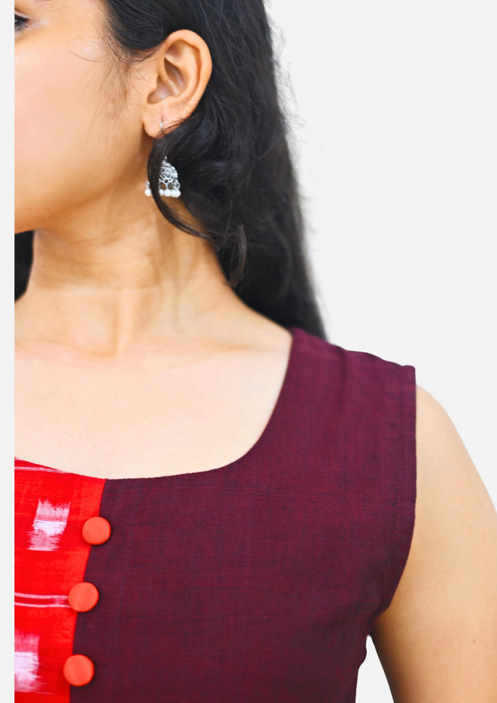 Wovio Modern Dual-Tone Ikat Dress - Red & Maroon Panel Design with Square Motif Pattern