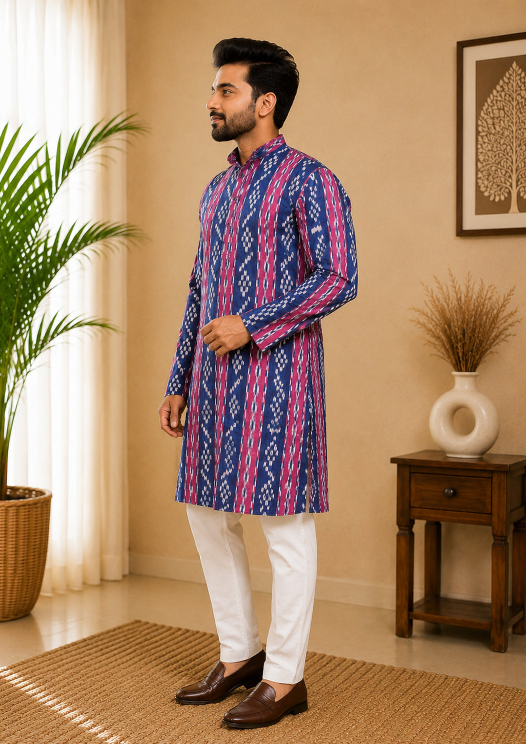 Sambalpuri Men's Long Kurta - Royal Orchid Kurta