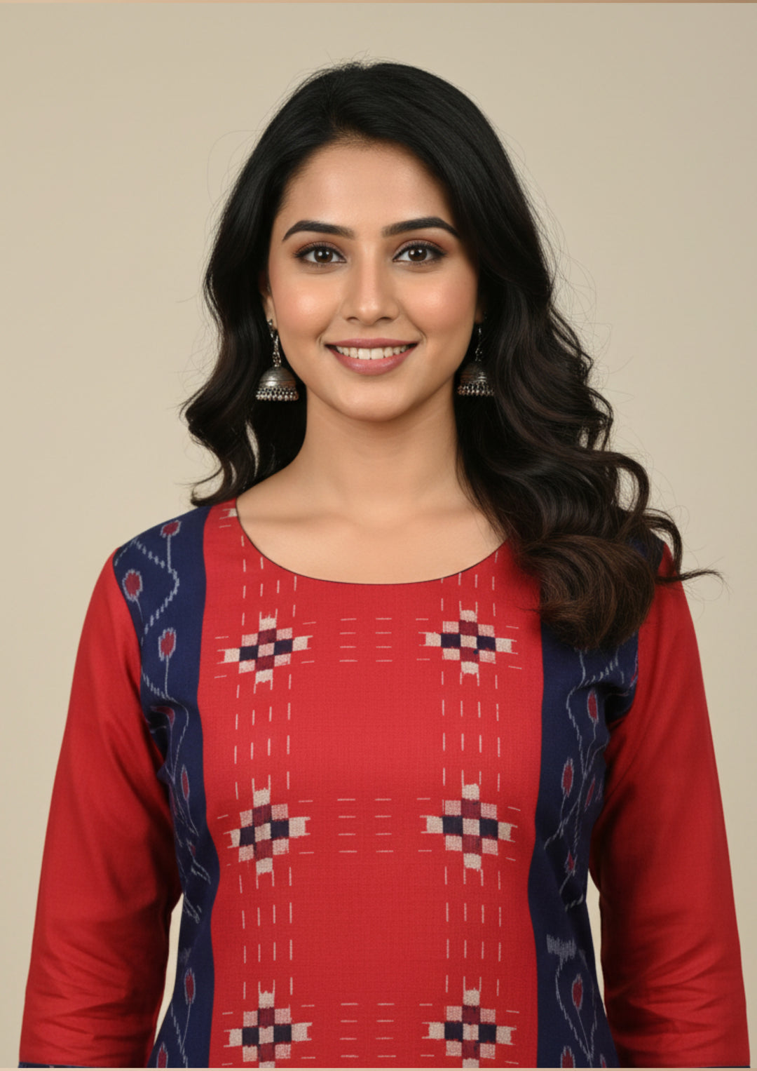 Sambalpuri Women's Kurti - Hand-woven Cotton Straight Kurti in Red & Blue