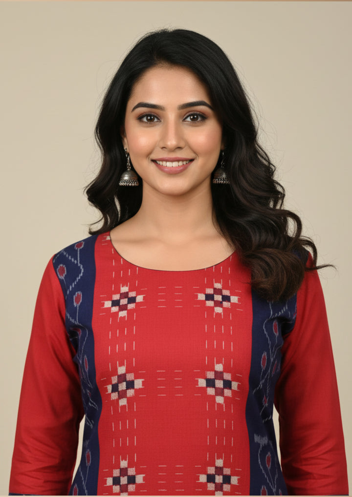 Sambalpuri Women's Kurti - Hand-woven Cotton Straight Kurti in Red & Blue