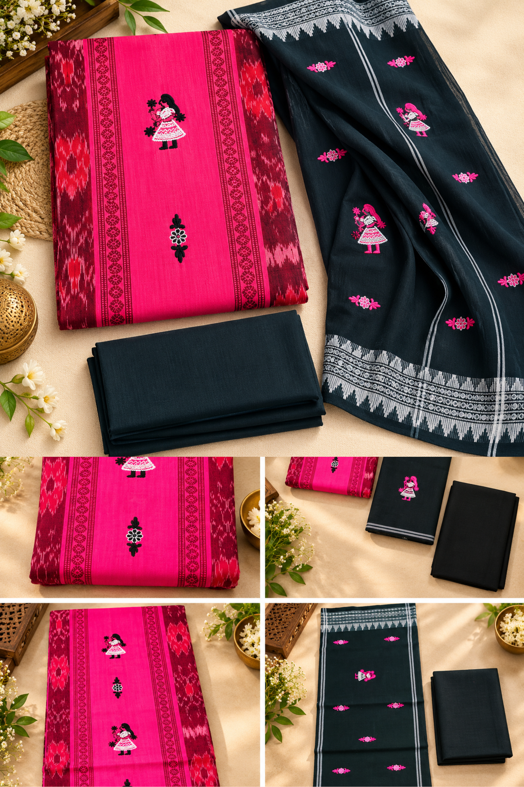 Women's Sambalpuri Pink & Black Unstitched Suit Material with Dupatta