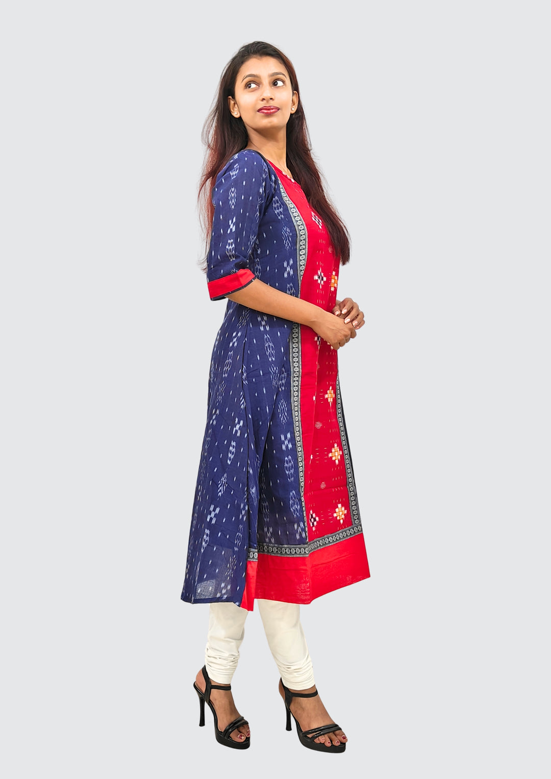 Sambalpuri Women's Gown – Navy Blue with Red and Multicolor Ikat Motif