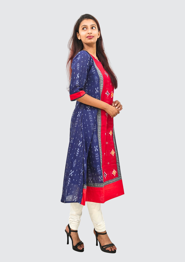 Sambalpuri Women's Gown – Navy Blue with Red and Multicolor Ikat Motif