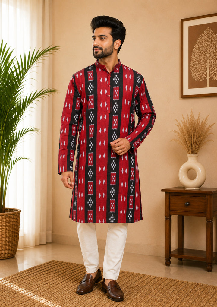 Sambalpuri Men's Long Kurta - Crimson Heritage Kurta