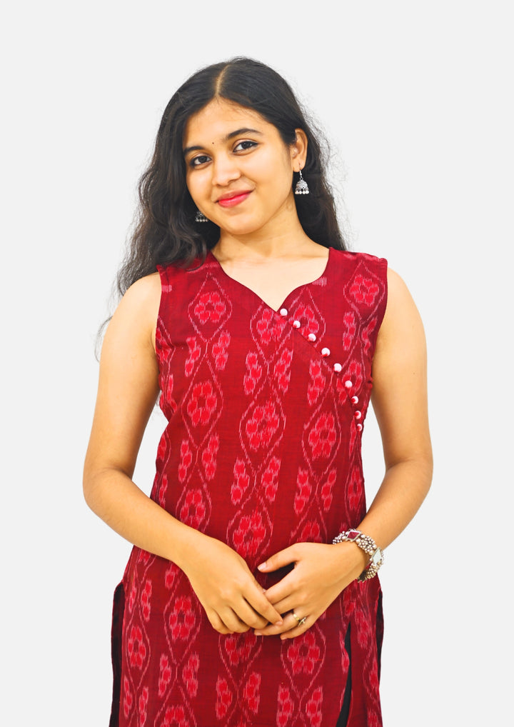 Wovio Modern Ikat Dress - Sleeveless Maroon Base with Wavy Motif & Button Accent