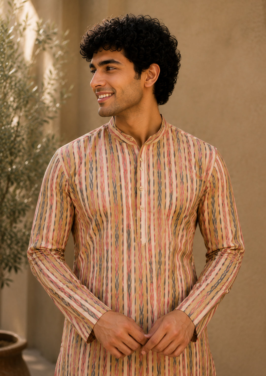 Sambalpuri Men’s Long Kurta – Yellow with Orange & Green Ikat Vertical Stripe