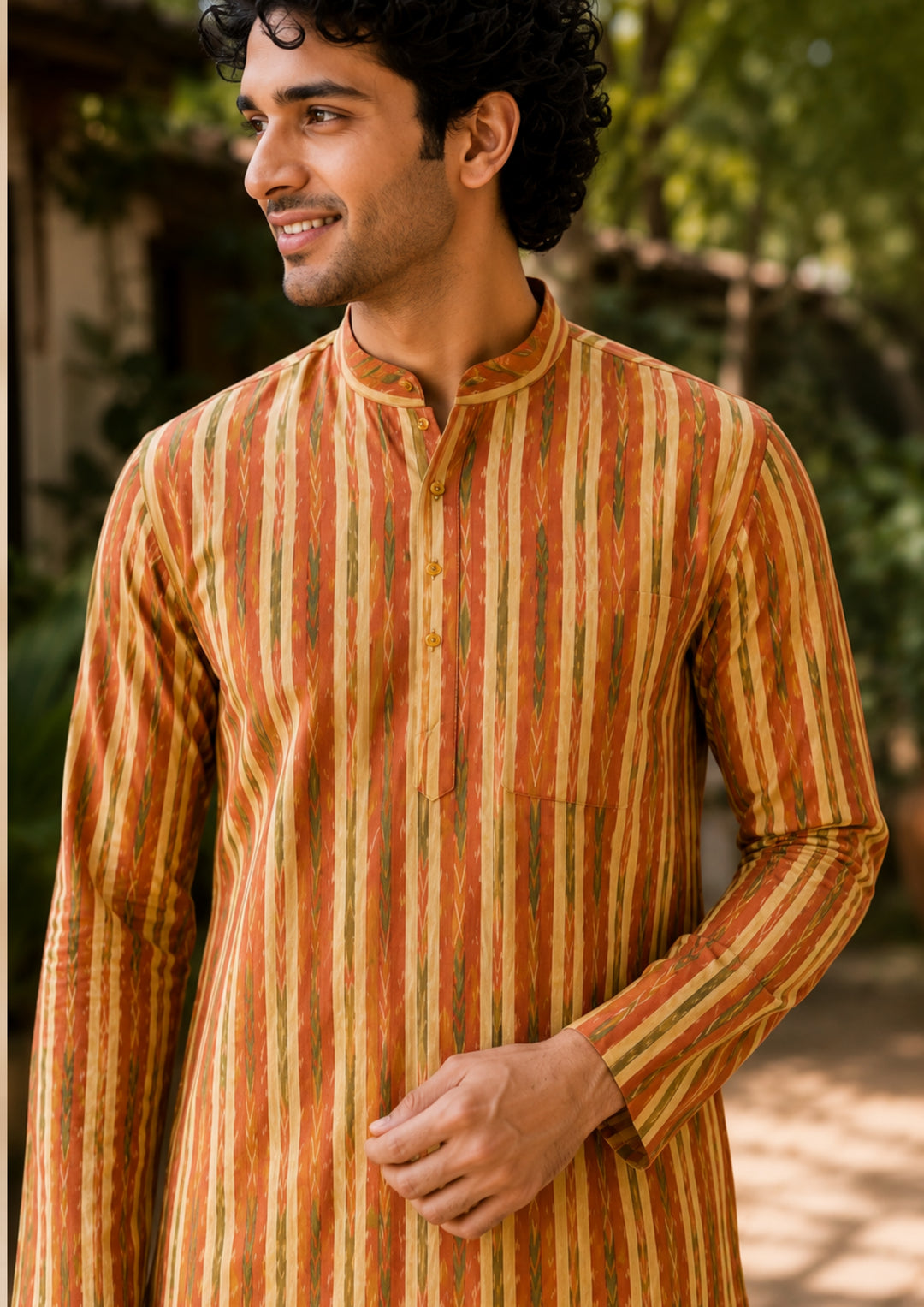 Sambalpuri Men’s Long Kurta – Yellow with Orange & Green Ikat Vertical Stripe