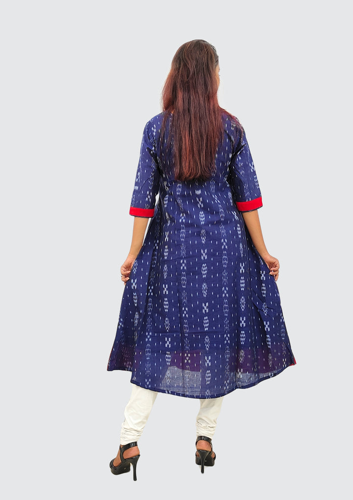 Sambalpuri Women's Gown – Navy Blue with Red and Multicolor Ikat Motif