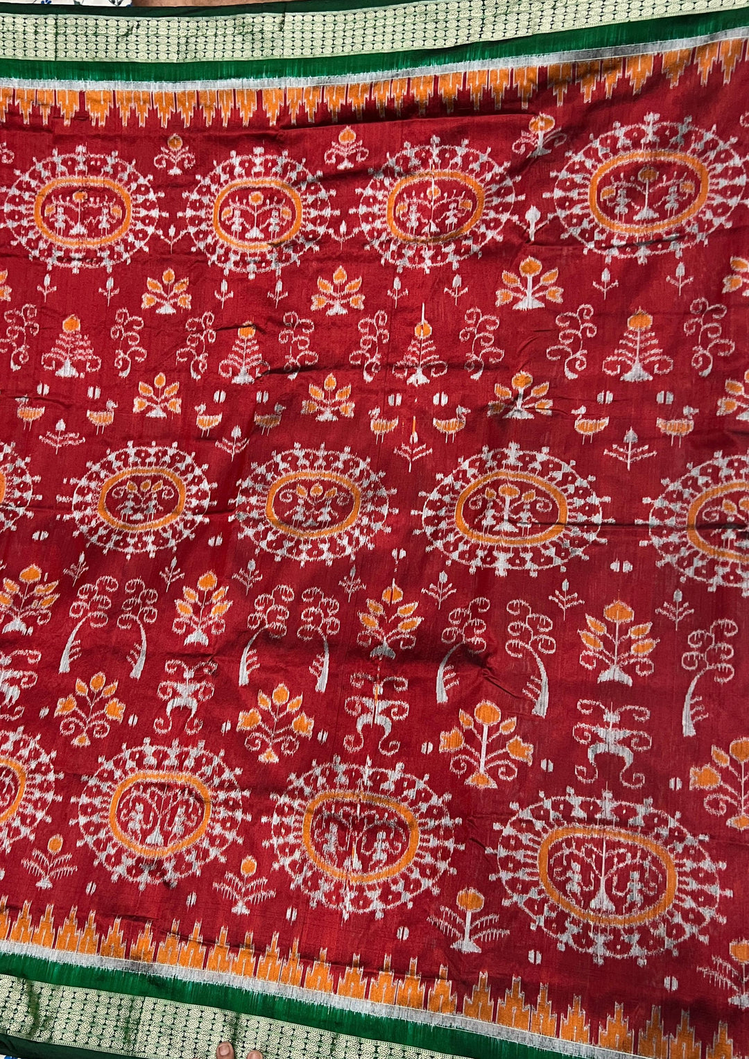 Handwoven Deep Red Sambalpuri Ikat Saree with Bottle Green Border & Pallu