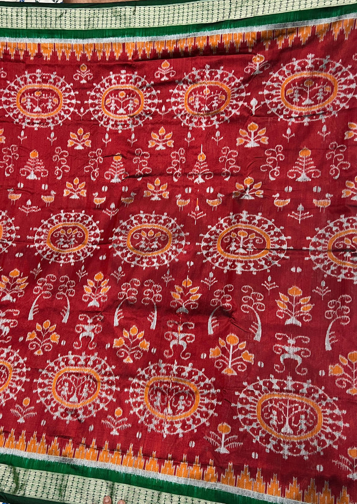 Handwoven Deep Red Sambalpuri Ikat Saree with Bottle Green Border & Pallu