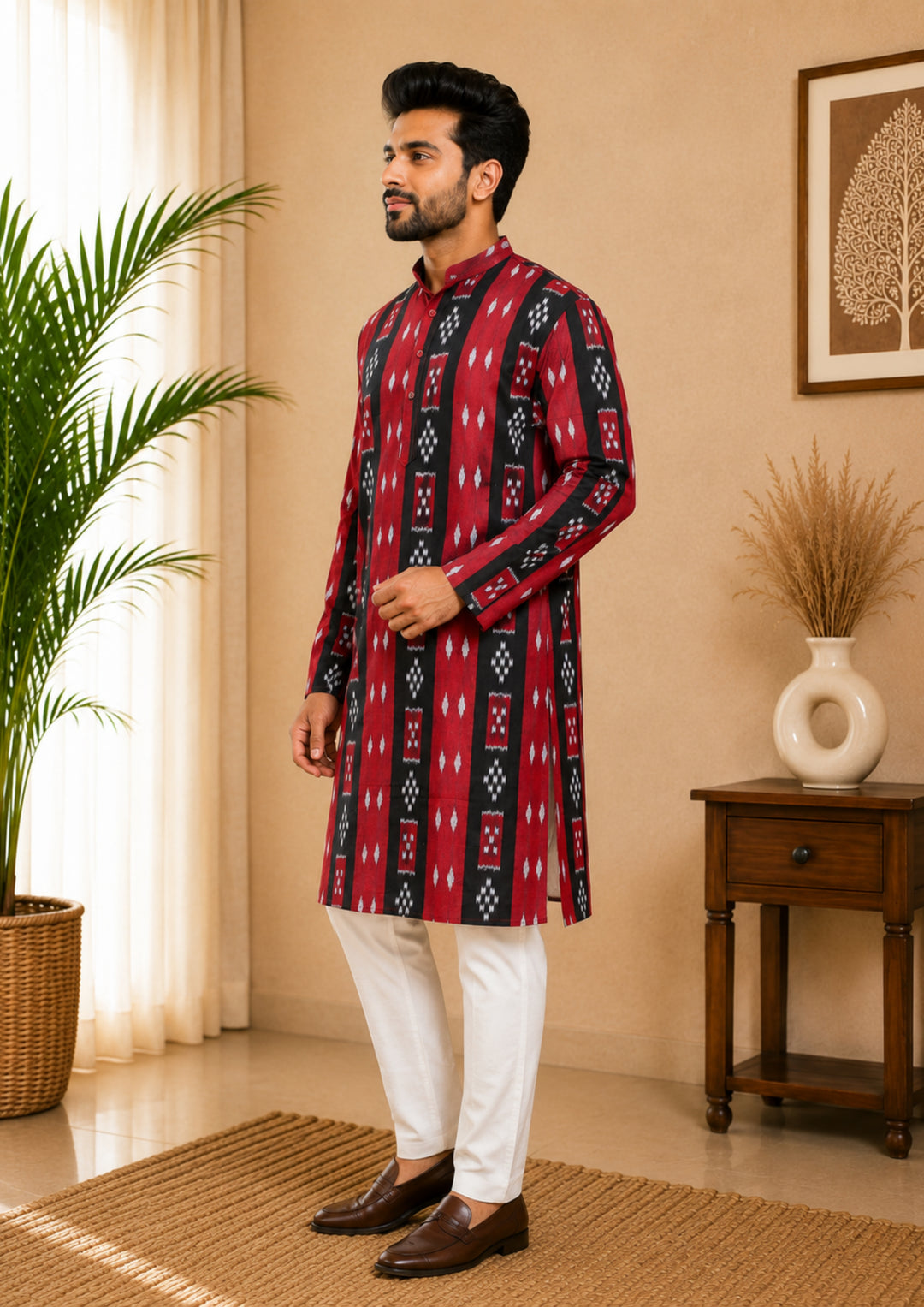 Sambalpuri Men's Long Kurta - Crimson Heritage Kurta