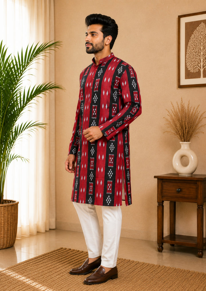 Sambalpuri Men's Long Kurta - Crimson Heritage Kurta