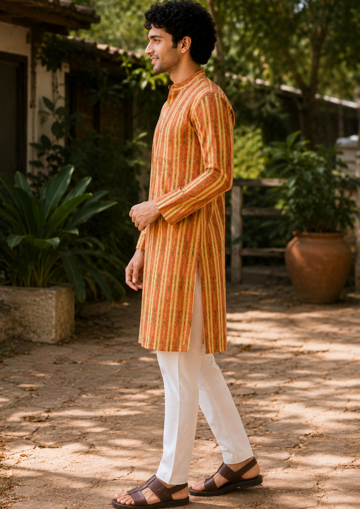 Sambalpuri Men’s Long Kurta – Yellow with Orange & Green Ikat Vertical Stripe
