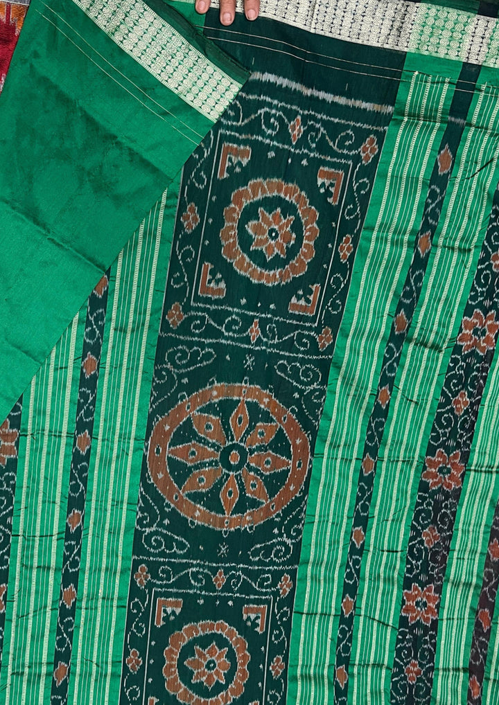 Handwoven Deep Red Sambalpuri Ikat Saree with Bottle Green Border & Pallu