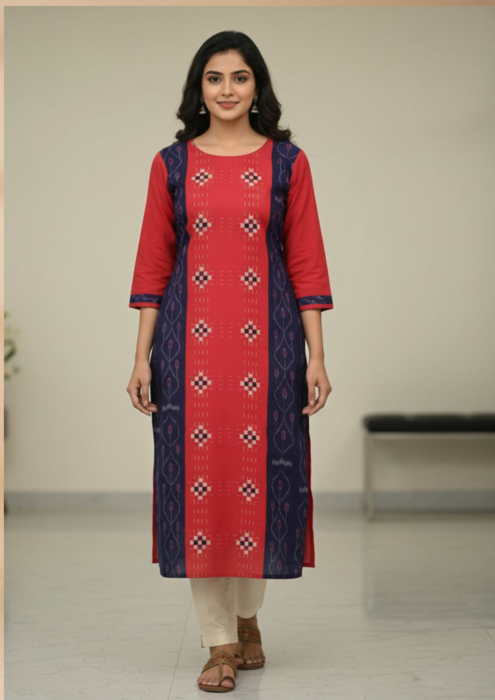 Sambalpuri Women's Kurti - Hand-woven Cotton Straight Kurti in Red & Blue