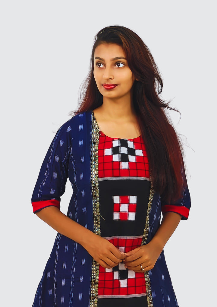 Sambalpuri Women's Gown – Navy Blue with Black, Red, and White Pasapali Ikat Motif