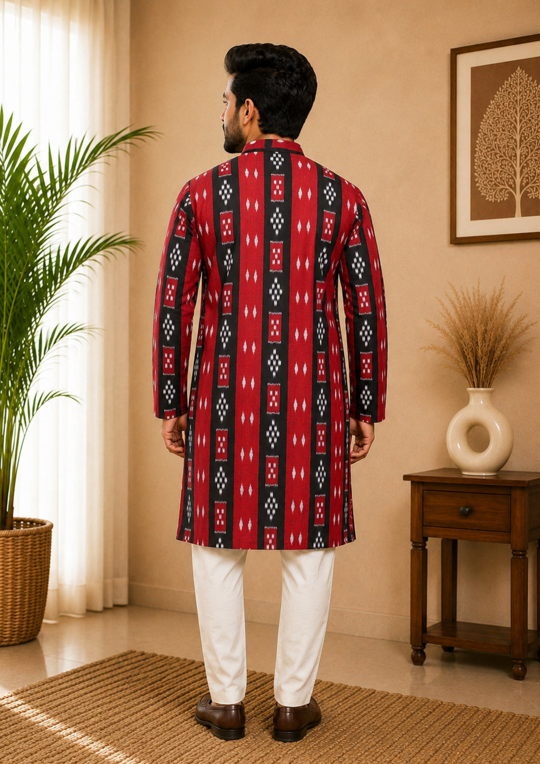 Sambalpuri Men's Long Kurta - Crimson Heritage Kurta