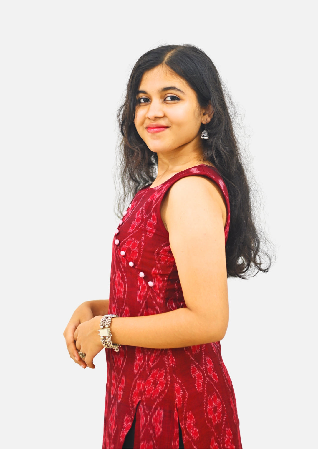 Wovio Modern Ikat Dress - Sleeveless Maroon Base with Wavy Motif & Button Accent