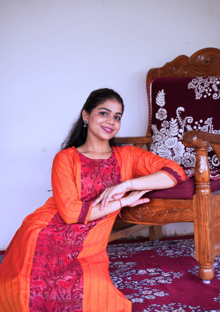 Sambalpuri Women's Kurti - Stripe pattern Cotton Kurta in Orange