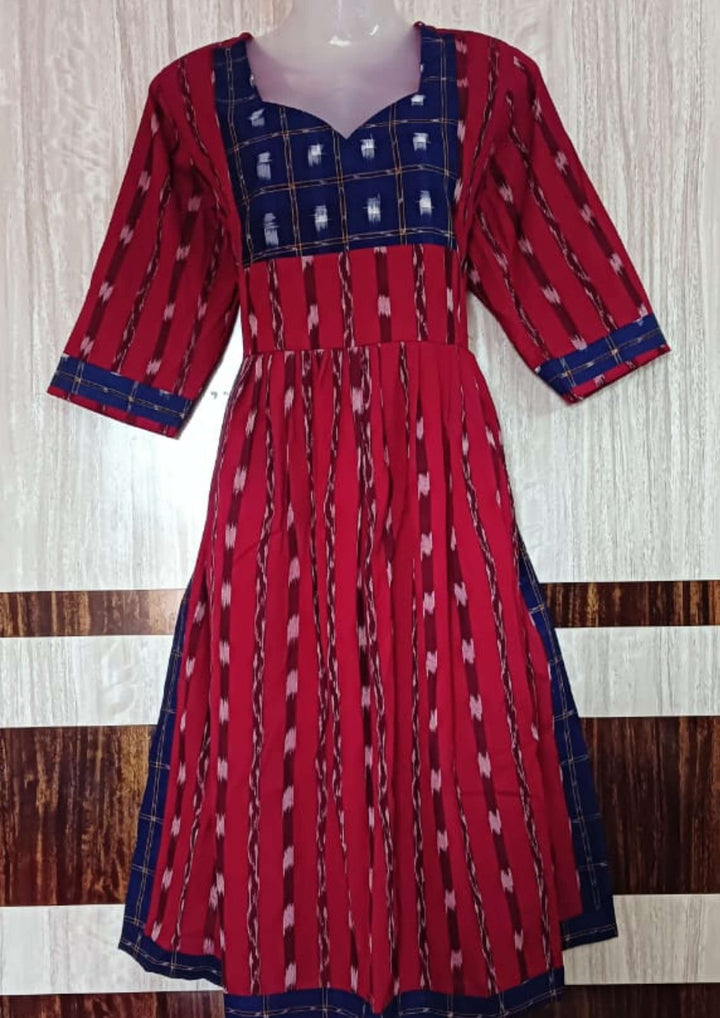 Authentic Sambalpuri Handloom Naira-cut Design Women's Cotton Kurta in Blue & Maroon