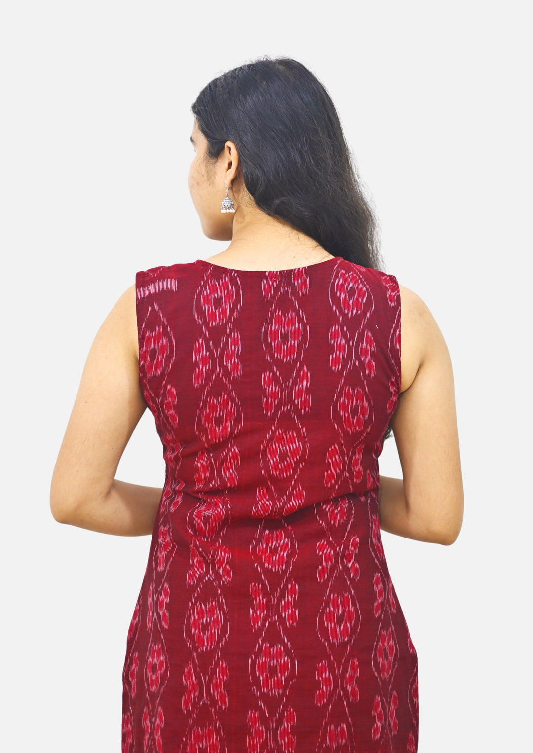 Wovio Modern Ikat Dress - Sleeveless Maroon Base with Wavy Motif & Button Accent