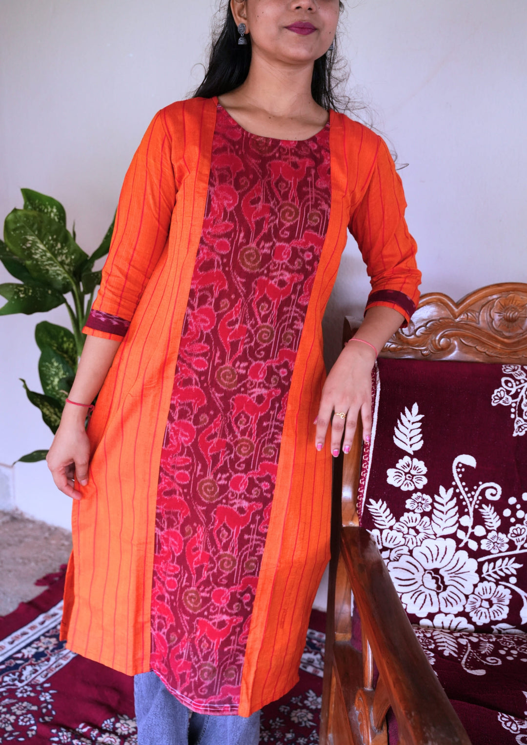 Sambalpuri Women's Kurti - Stripe pattern Cotton Kurta in Orange