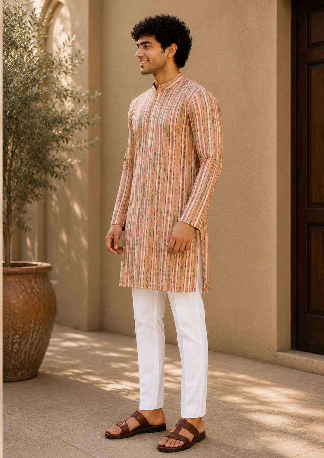 Sambalpuri Men’s Long Kurta – Yellow with Orange & Green Ikat Vertical Stripe