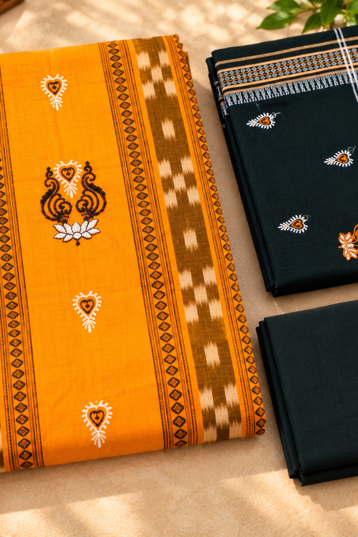 Women's Orange & Black Sambalpuri Unstitched Suit Material with Dupatta