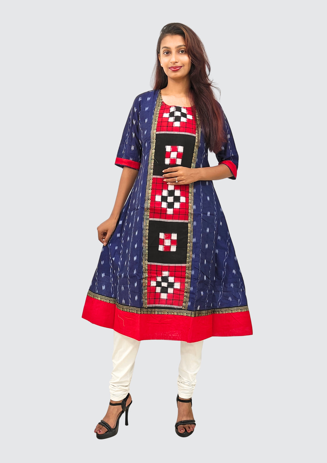 Sambalpuri Women's Gown – Navy Blue with Black, Red, and White Pasapali Ikat Motif