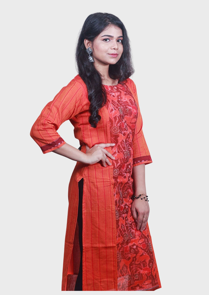 Sambalpuri Women's Kurti - Stripe pattern Cotton Kurta in Orange