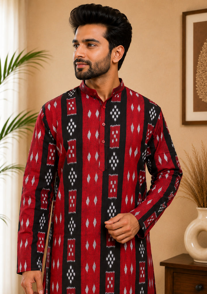 Sambalpuri Men's Long Kurta - Crimson Heritage Kurta