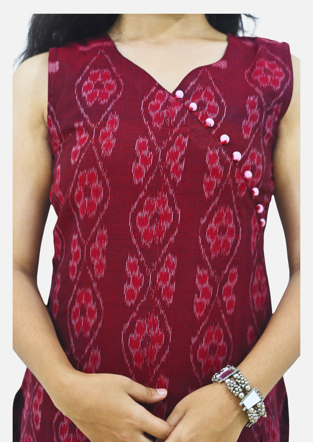 Wovio Modern Ikat Dress - Sleeveless Maroon Base with Wavy Motif & Button Accent