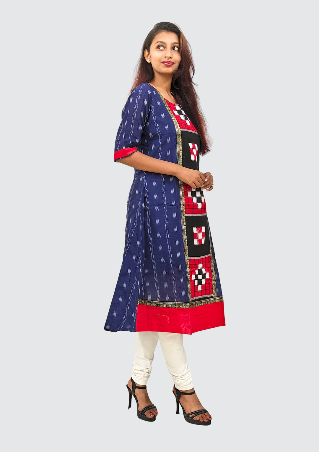 Sambalpuri Women's Gown – Navy Blue with Black, Red, and White Pasapali Ikat Motif