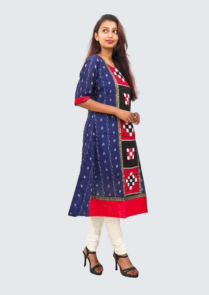 Sambalpuri Women's Gown – Navy Blue with Black, Red, and White Pasapali Ikat Motif