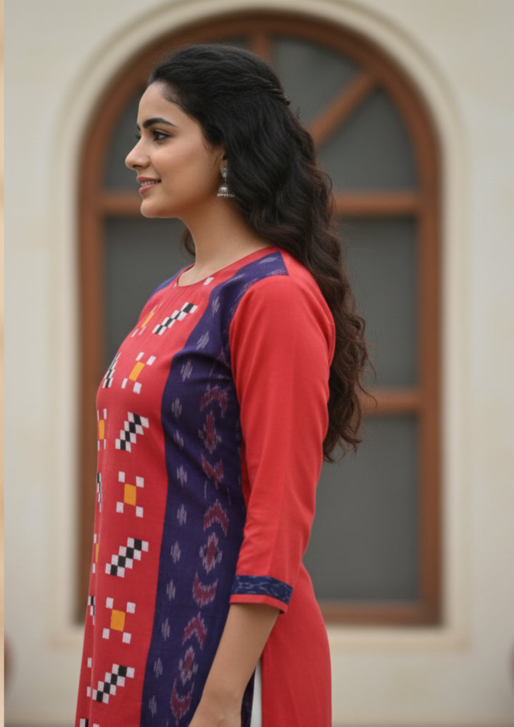 Sambalpuri Women's Kurti - Hand-woven Cotton Straight Kurti in Red & Blue